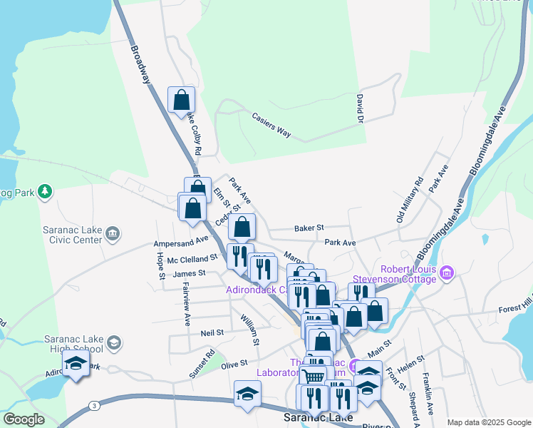 map of restaurants, bars, coffee shops, grocery stores, and more near 67 Park Avenue in Saranac Lake