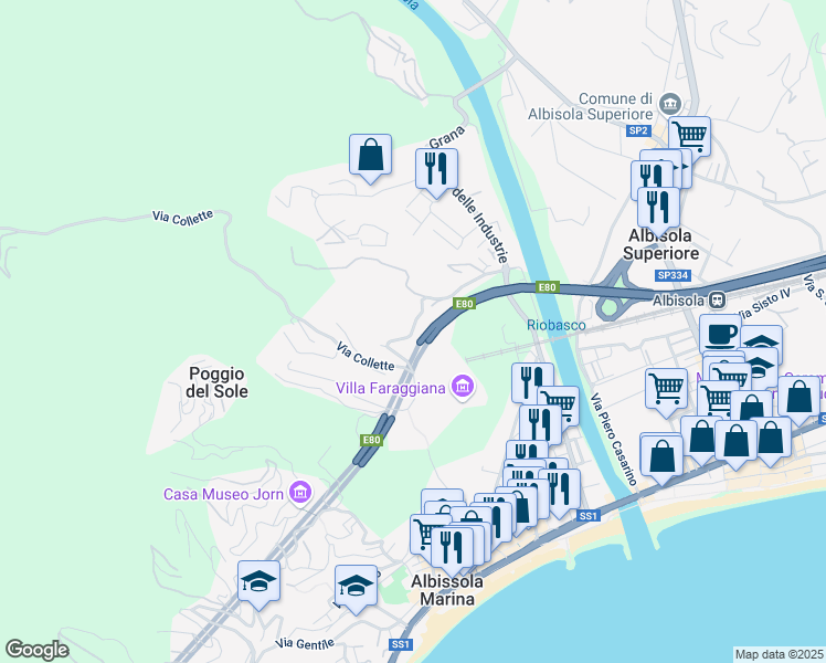 map of restaurants, bars, coffee shops, grocery stores, and more near Via delle Rogazioni in Albissola Marina