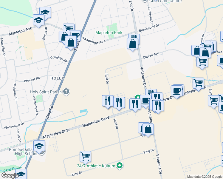map of restaurants, bars, coffee shops, grocery stores, and more near 55 Reid Drive in Barrie