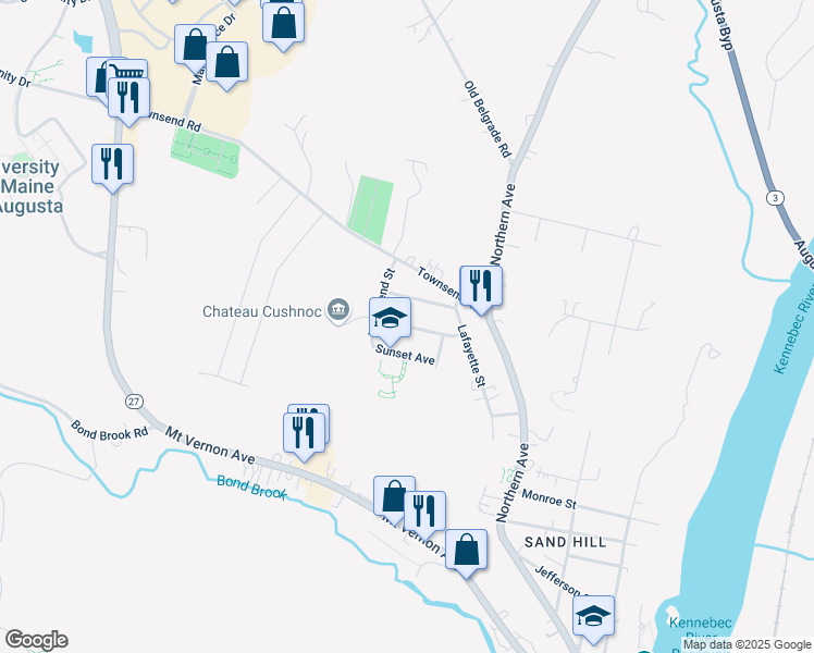map of restaurants, bars, coffee shops, grocery stores, and more near 27 Cummings Avenue in Augusta