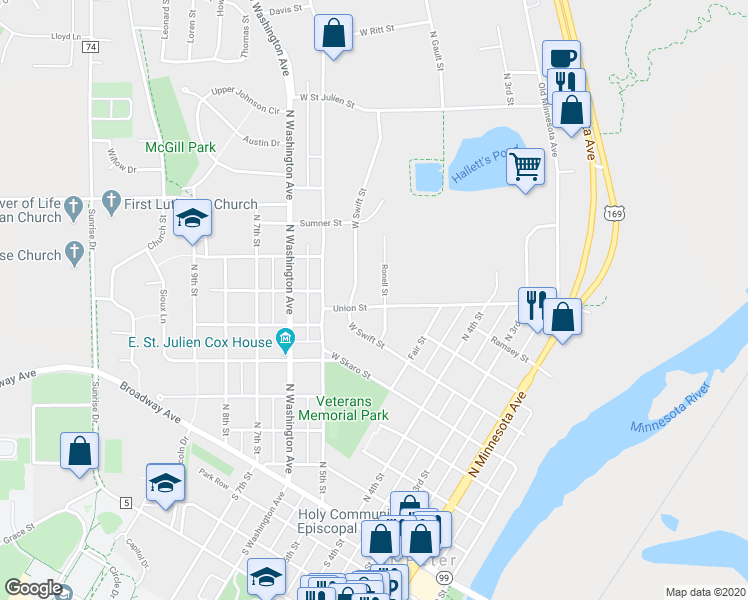 map of restaurants, bars, coffee shops, grocery stores, and more near 475 Union Street in Saint Peter