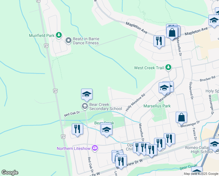 map of restaurants, bars, coffee shops, grocery stores, and more near 34 Kenwell Crescent in Barrie
