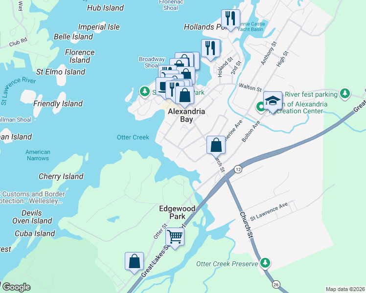 map of restaurants, bars, coffee shops, grocery stores, and more near 18 Crossman Street in Alexandria Bay