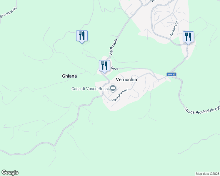 map of restaurants, bars, coffee shops, grocery stores, and more near 111B Via dei Tozzi in Verucchia