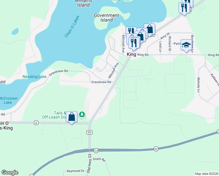 map of restaurants, bars, coffee shops, grocery stores, and more near N2601 County Road QQ in Waupaca