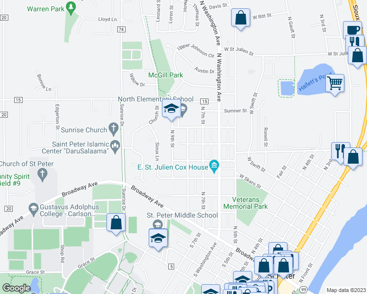 map of restaurants, bars, coffee shops, grocery stores, and more near 622 North 8th Street in Saint Peter
