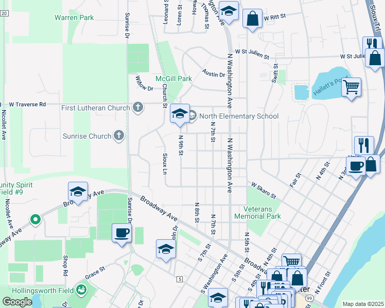 map of restaurants, bars, coffee shops, grocery stores, and more near 622 North 8th Street in Saint Peter