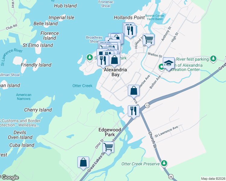 map of restaurants, bars, coffee shops, grocery stores, and more near 18 Crossman Street in Alexandria Bay