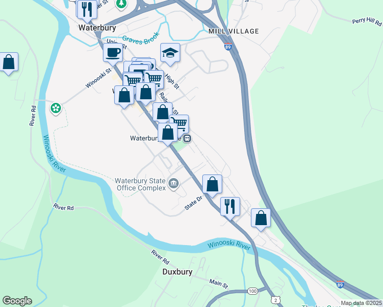 map of restaurants, bars, coffee shops, grocery stores, and more near 11 Moody Court in Waterbury Village Historic District