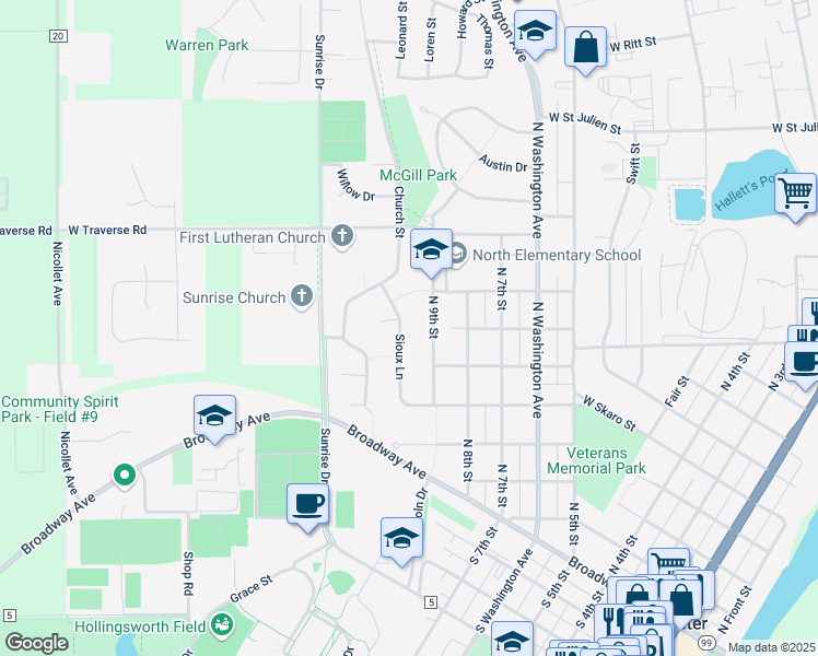 map of restaurants, bars, coffee shops, grocery stores, and more near 639 Sioux Lane in Saint Peter