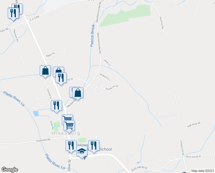 map of restaurants, bars, coffee shops, grocery stores, and more near Elderberry Lane in Hinesburg