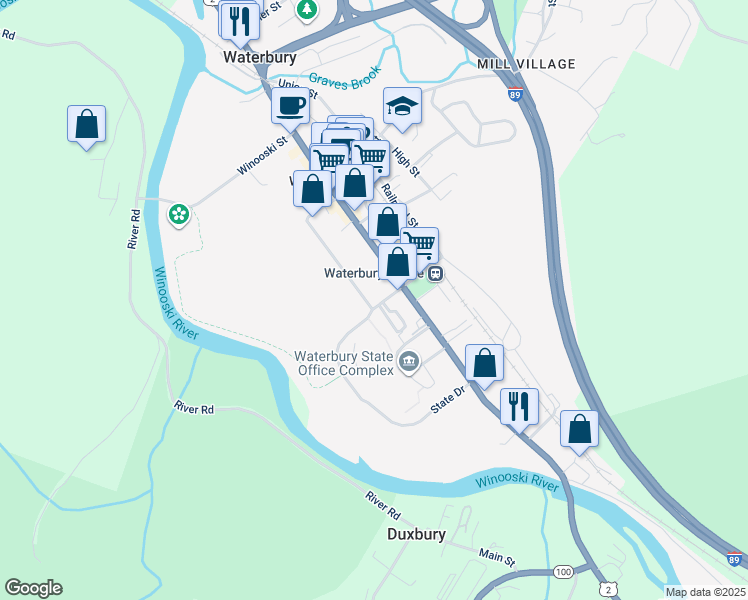 map of restaurants, bars, coffee shops, grocery stores, and more near 33 Park Row in Waterbury