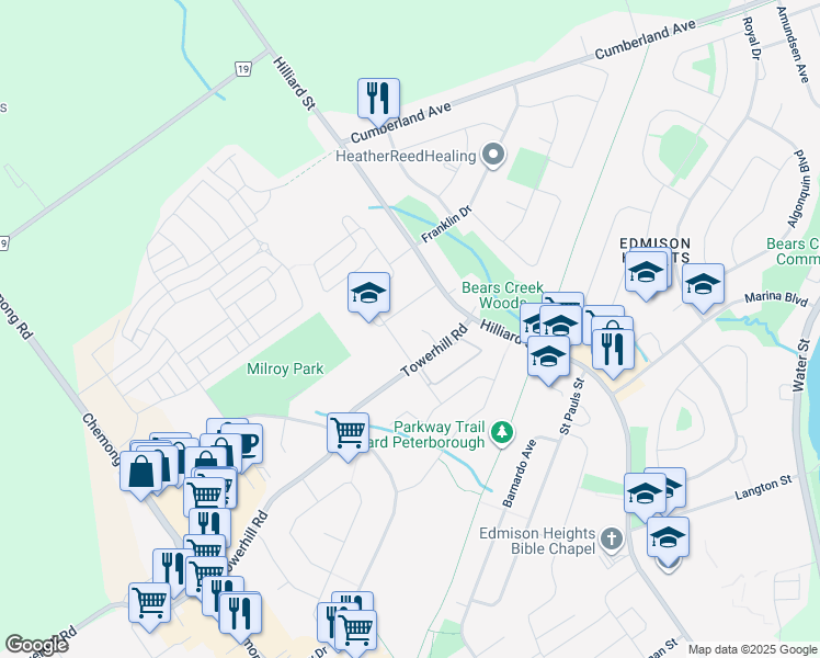 map of restaurants, bars, coffee shops, grocery stores, and more near 1190 Neptune Street in Peterborough