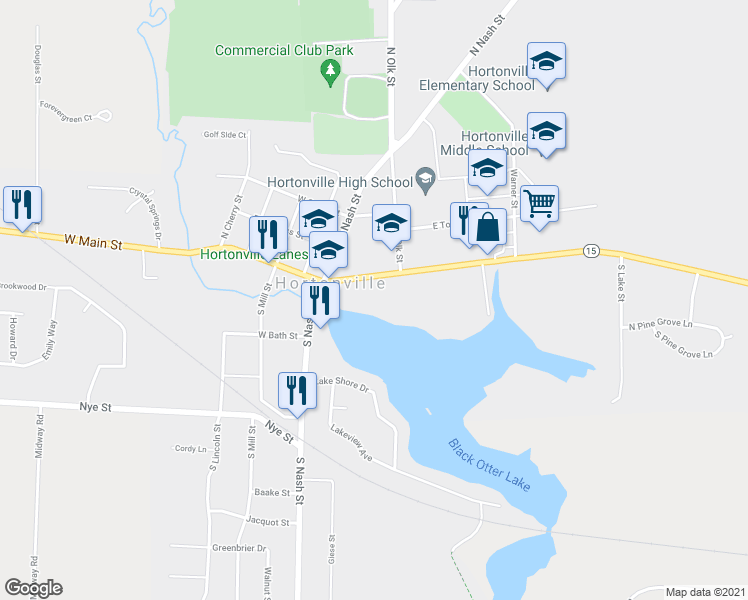 map of restaurants, bars, coffee shops, grocery stores, and more near 166 East Main Street in Hortonville