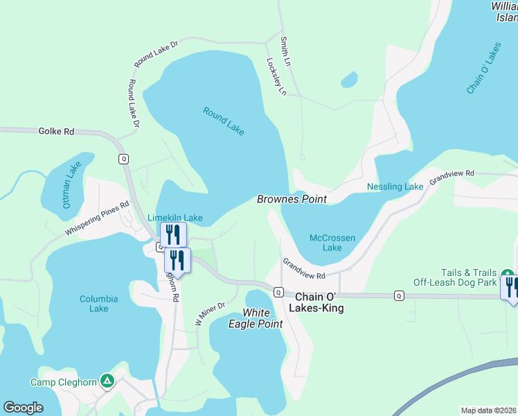 map of restaurants, bars, coffee shops, grocery stores, and more near E1288 County Q in Waupaca