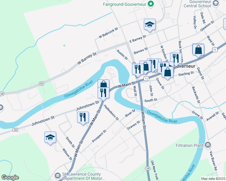 map of restaurants, bars, coffee shops, grocery stores, and more near 87 West Main Street in Gouverneur
