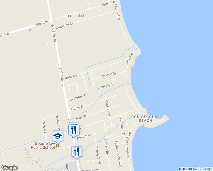 map of restaurants, bars, coffee shops, grocery stores, and more near 681 Cedar Path in Innisfil