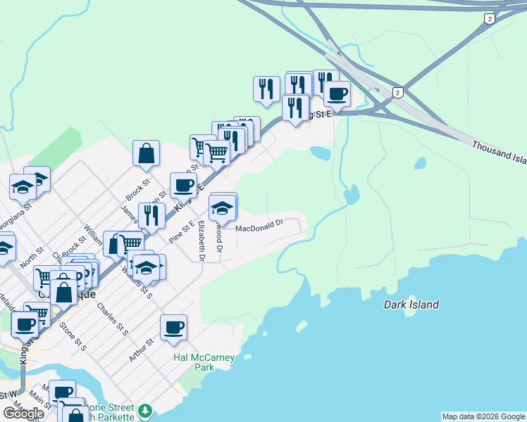 map of restaurants, bars, coffee shops, grocery stores, and more near 188 Wilmer Avenue in Gananoque