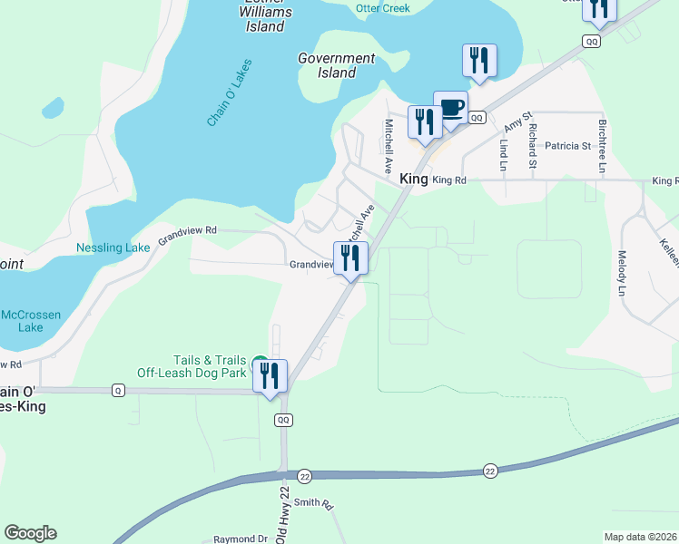 map of restaurants, bars, coffee shops, grocery stores, and more near N2601 County Road QQ in Waupaca