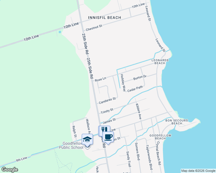 map of restaurants, bars, coffee shops, grocery stores, and more near 2523 Lloyd Street in Innisfil