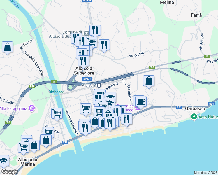 map of restaurants, bars, coffee shops, grocery stores, and more near 14 Via Sisto IV in Albisola Superiore