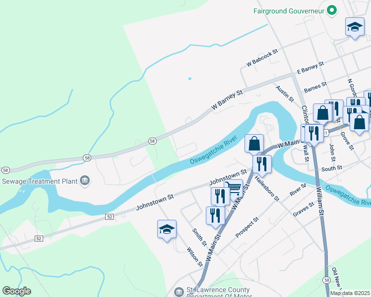 map of restaurants, bars, coffee shops, grocery stores, and more near 275 West Barney Street in Gouverneur