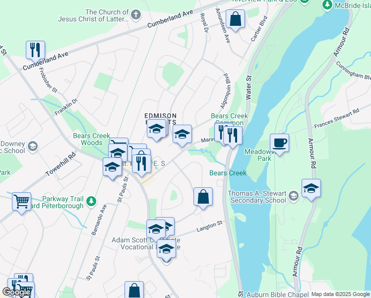 map of restaurants, bars, coffee shops, grocery stores, and more near 134 Marina Boulevard in Peterborough