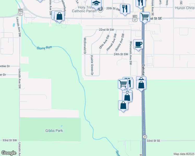 map of restaurants, bars, coffee shops, grocery stores, and more near Prairie Eagle Cir in Huron