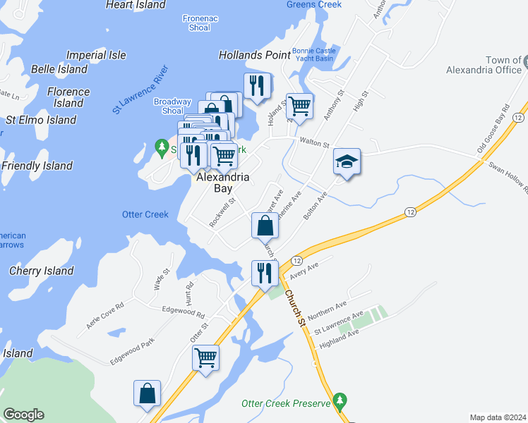 map of restaurants, bars, coffee shops, grocery stores, and more near 5 Margaret Avenue in Alexandria Bay