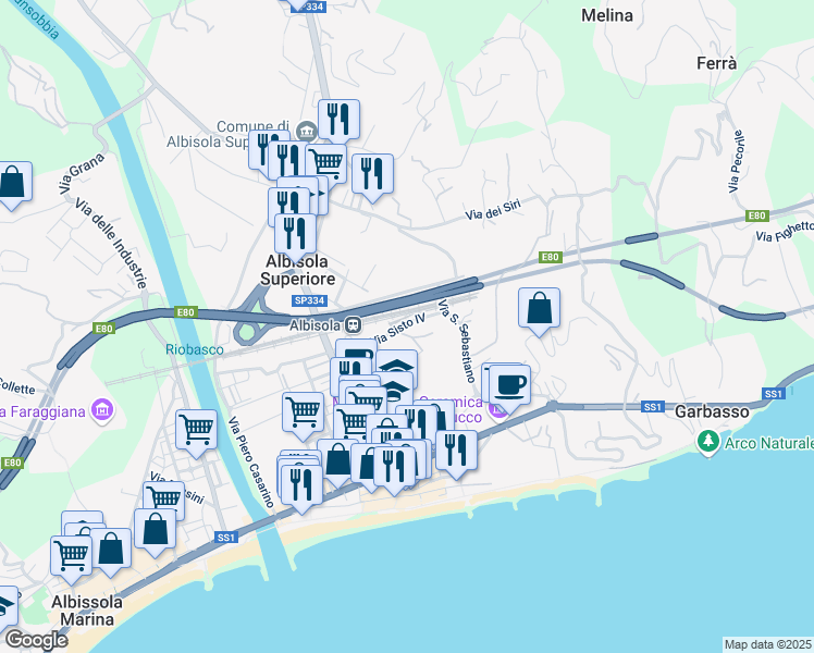 map of restaurants, bars, coffee shops, grocery stores, and more near 14 Via Sisto IV in Albisola Superiore
