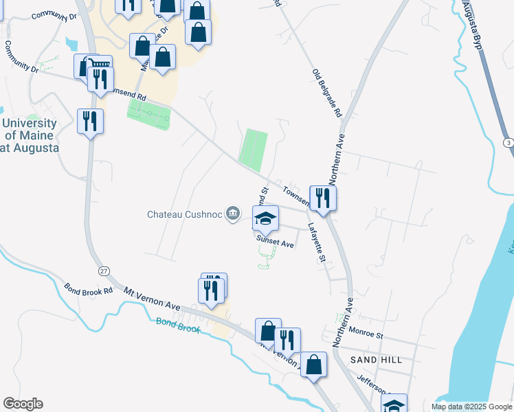 map of restaurants, bars, coffee shops, grocery stores, and more near 36 Townsend Street in Augusta