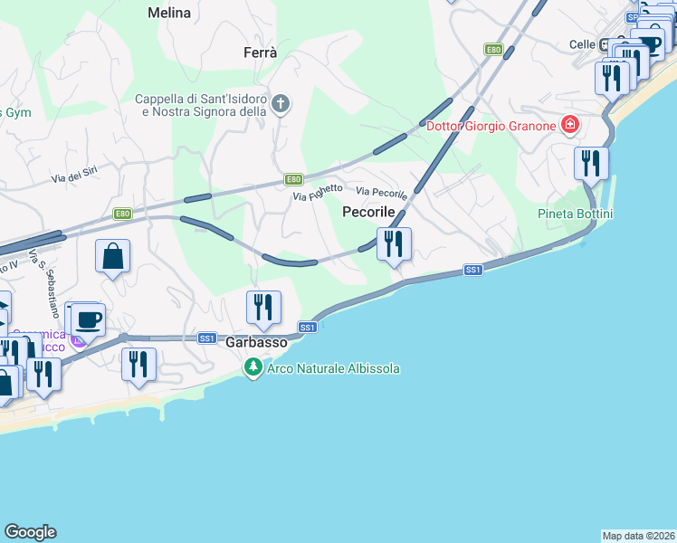 map of restaurants, bars, coffee shops, grocery stores, and more near Strada Statale 1 in Savona