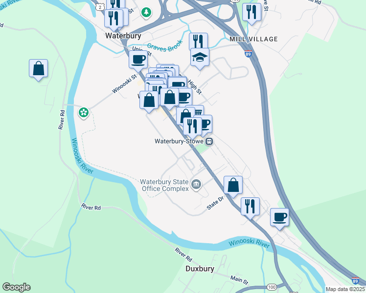 map of restaurants, bars, coffee shops, grocery stores, and more near 33 Park Row in Waterbury Village Historic District