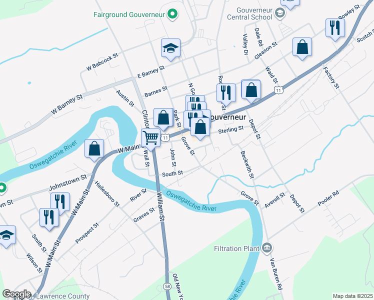 map of restaurants, bars, coffee shops, grocery stores, and more near 49 Grove Street in Gouverneur