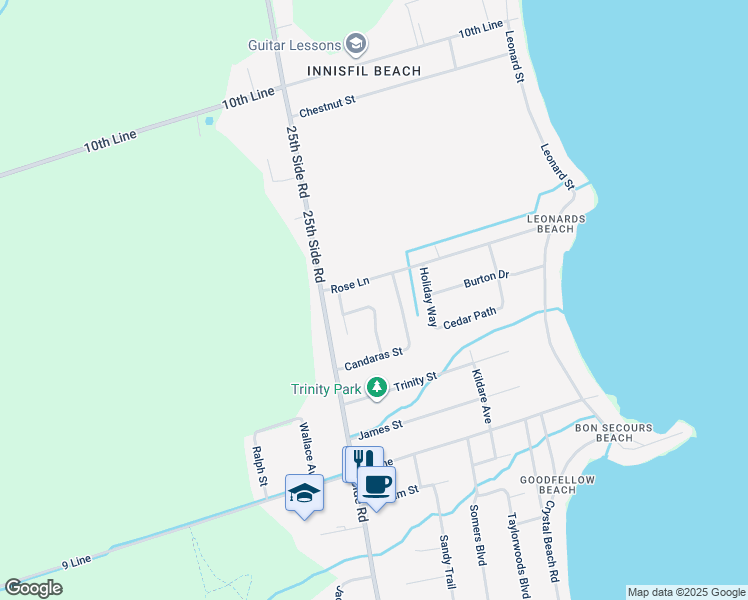 map of restaurants, bars, coffee shops, grocery stores, and more near 2529 Lloyd Street in Innisfil