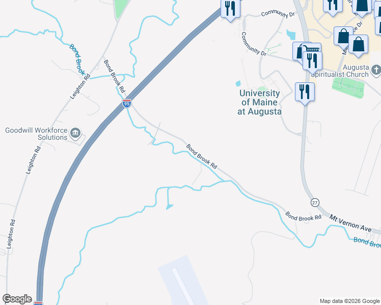 map of restaurants, bars, coffee shops, grocery stores, and more near 120 Bond Brook Road in Augusta