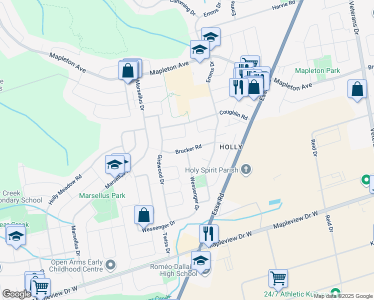 map of restaurants, bars, coffee shops, grocery stores, and more near Brucker Road in Barrie