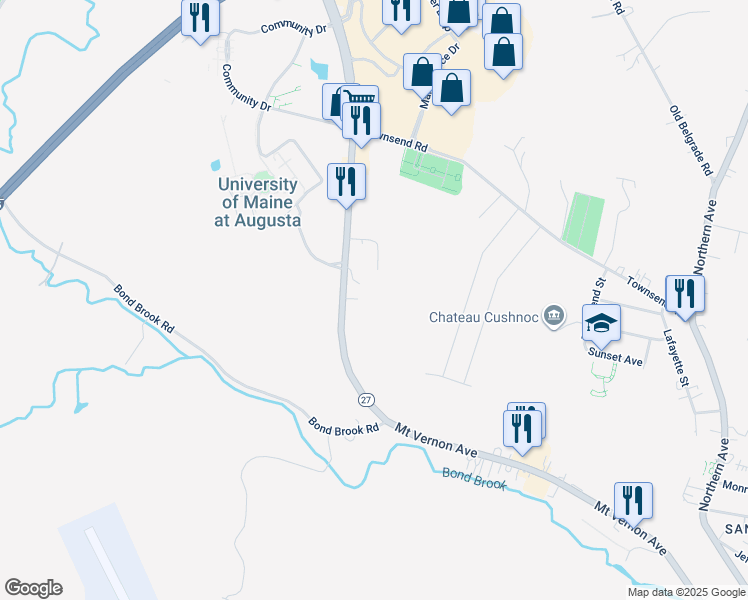 map of restaurants, bars, coffee shops, grocery stores, and more near 85 Civic Center Drive in Augusta