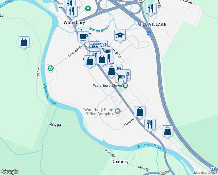 map of restaurants, bars, coffee shops, grocery stores, and more near 61 South Main Street in Waterbury Village Historic District
