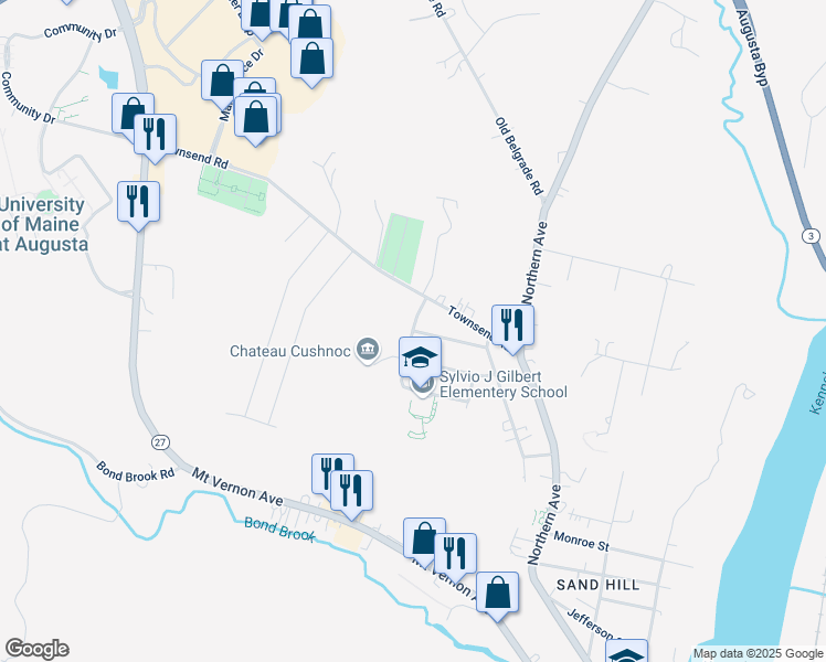 map of restaurants, bars, coffee shops, grocery stores, and more near 9 Townsend Street in Augusta