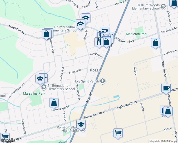 map of restaurants, bars, coffee shops, grocery stores, and more near 332 Emms Drive in Barrie