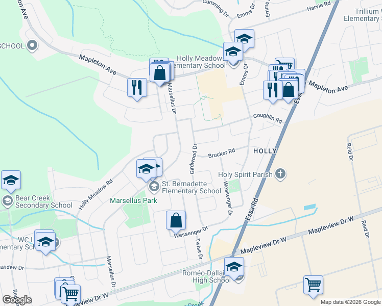 map of restaurants, bars, coffee shops, grocery stores, and more near 86 Girdwood Drive in Barrie