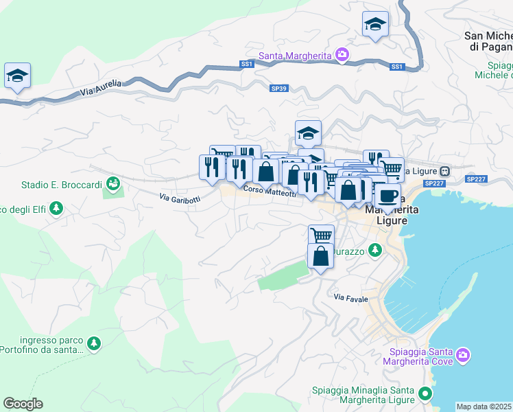 map of restaurants, bars, coffee shops, grocery stores, and more near 68 Corso Matteotti in Santa Margherita Ligure