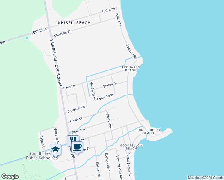 map of restaurants, bars, coffee shops, grocery stores, and more near 670 Burton Drive in Innisfil