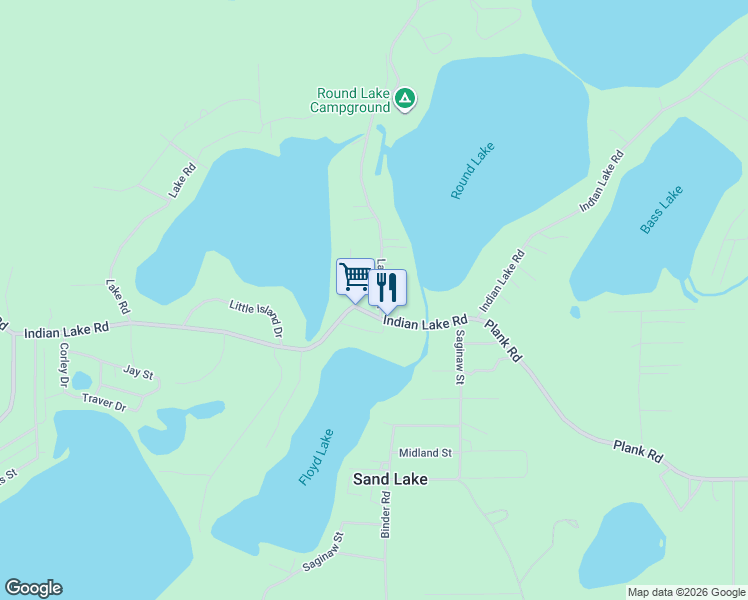 map of restaurants, bars, coffee shops, grocery stores, and more near Latham Street in Iosco