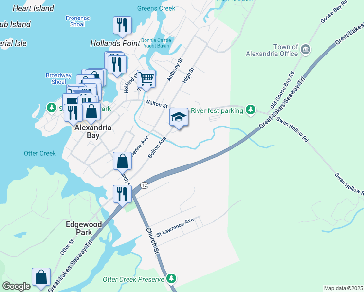 map of restaurants, bars, coffee shops, grocery stores, and more near 34 Bolton Avenue in Alexandria Bay