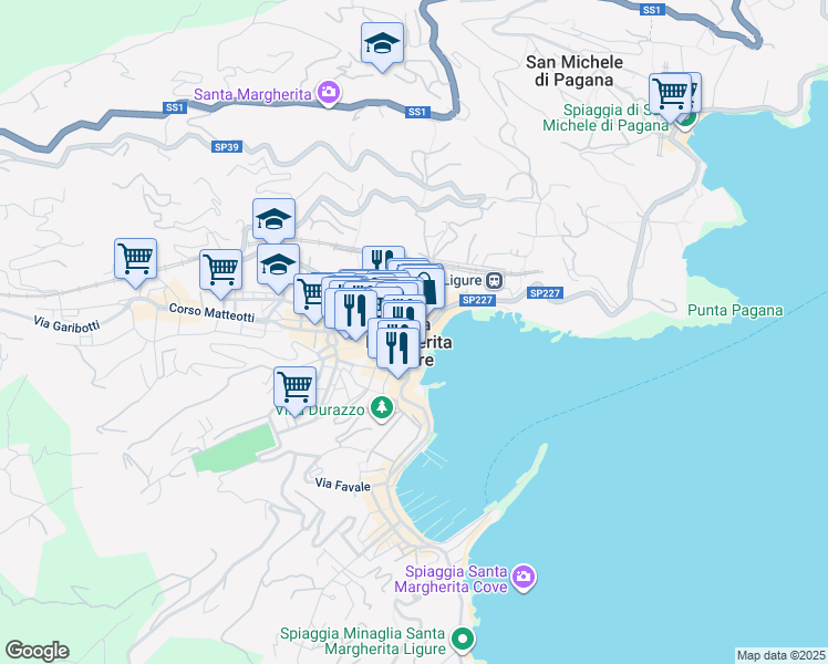 map of restaurants, bars, coffee shops, grocery stores, and more near 33 Via dell'Arco in Santa Margherita Ligure