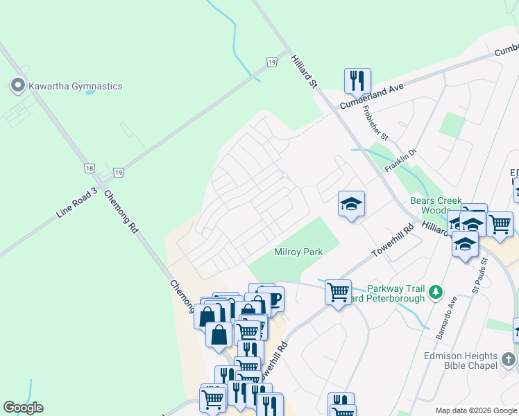 map of restaurants, bars, coffee shops, grocery stores, and more near 905 Broadway Boulevard in Peterborough