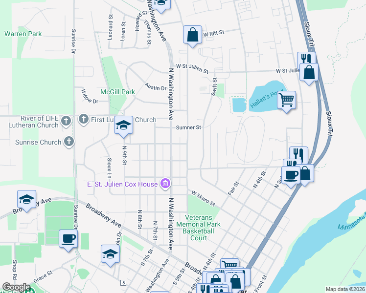 map of restaurants, bars, coffee shops, grocery stores, and more near 802 North 5th Street in Saint Peter