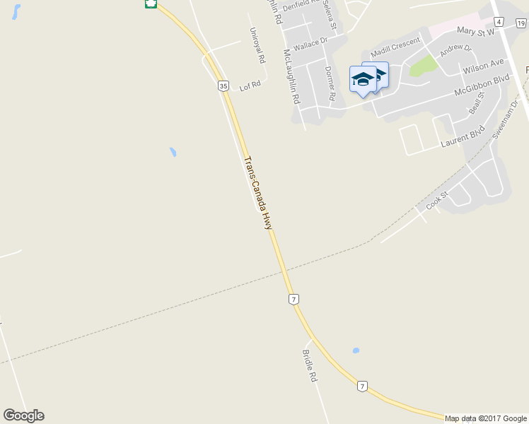 map of restaurants, bars, coffee shops, grocery stores, and more near Trans-Canada Highway in Lindsay